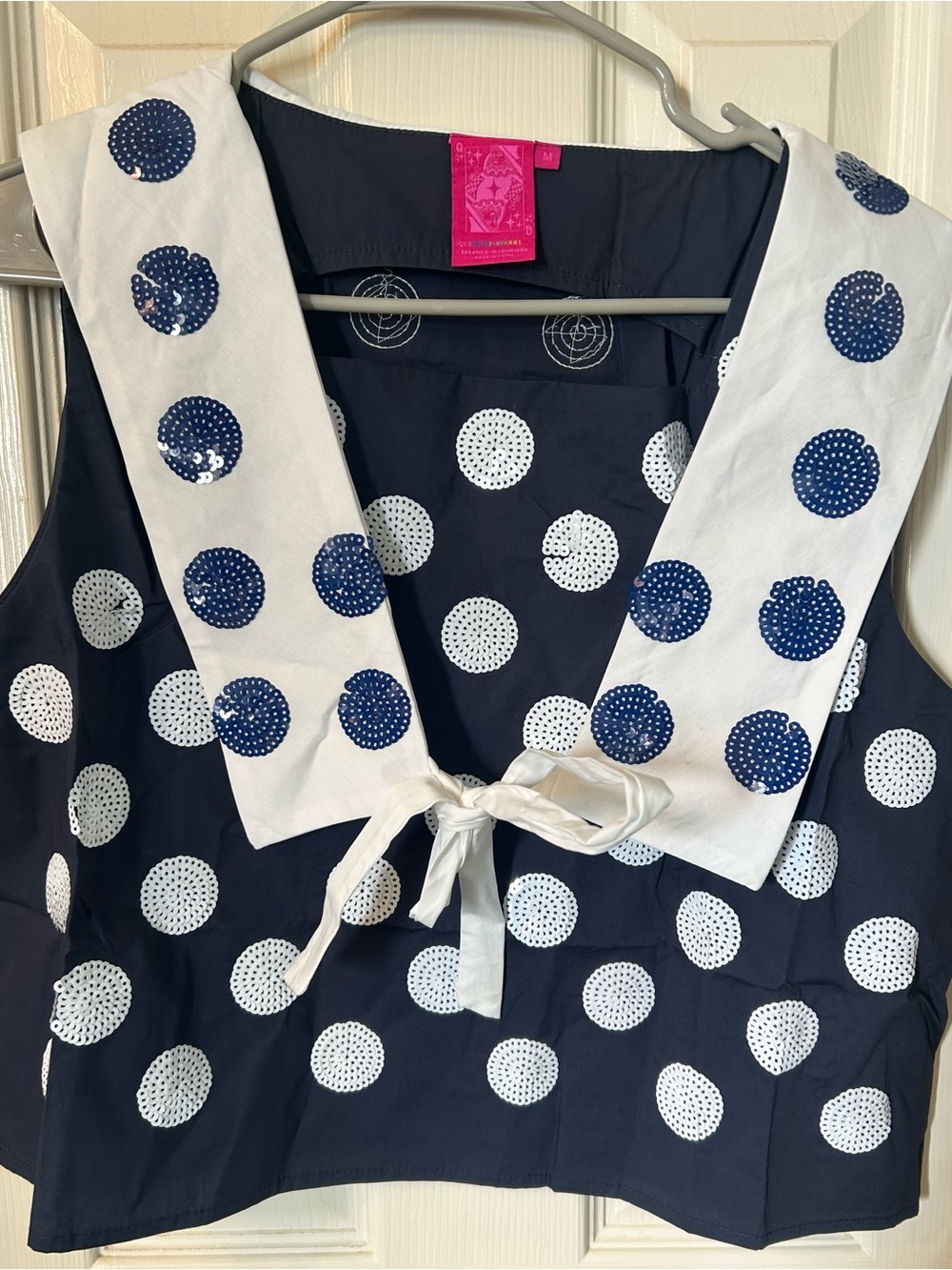 Queen of sparkles Navy Polka Dot Sailor Collar Top with White Tie